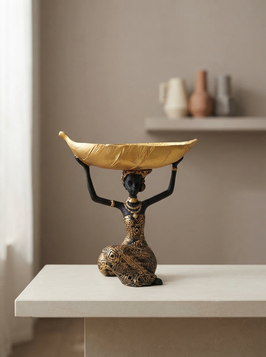 African Woman Statue Bowl Holder 21” | Gold Tribal Trinket Tray
