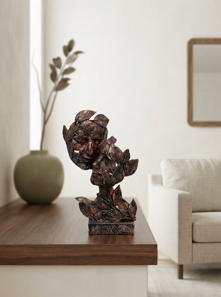 Two Faces in Leaves Sculpture | Copper Bronze Art Statue
