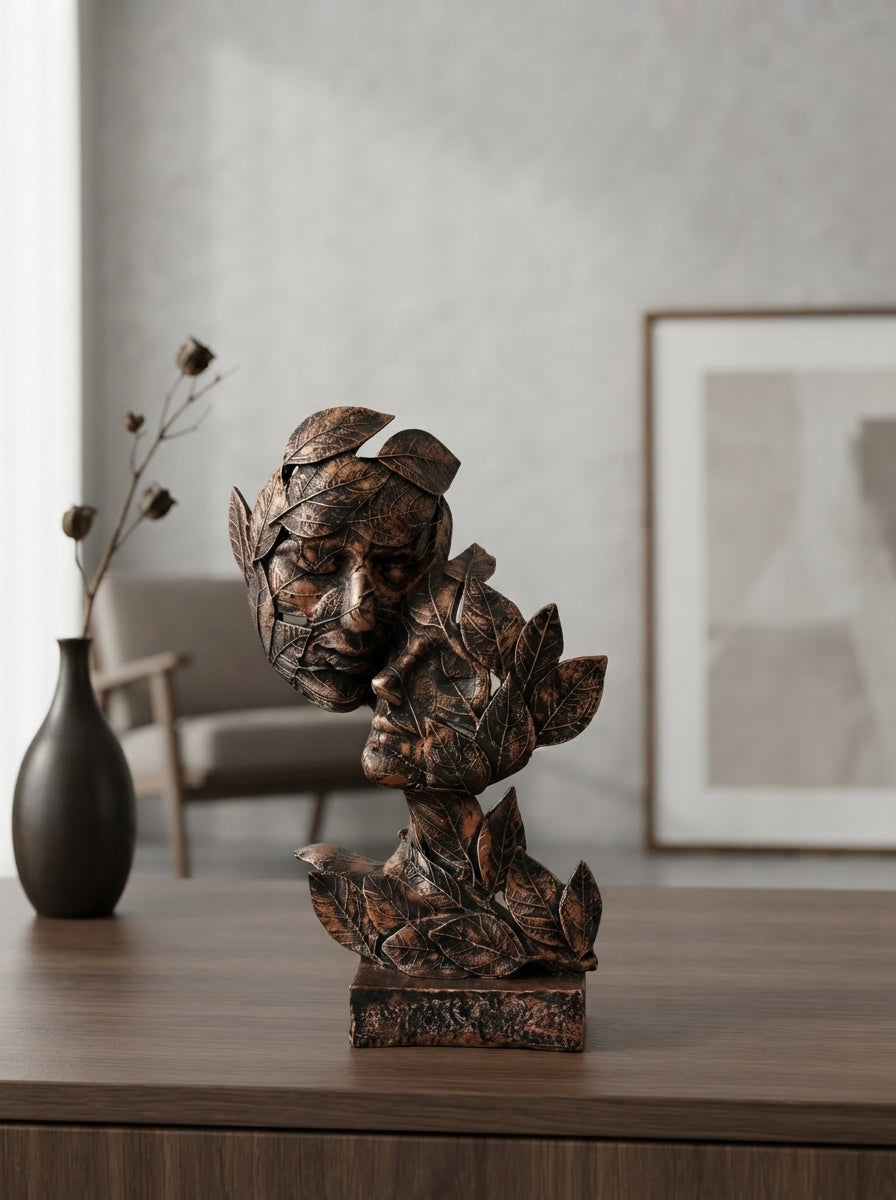 Two Faces in Leaves Sculpture | Copper Bronze Art Statue