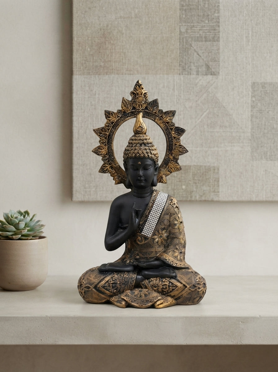 Meditating Buddha Statue with Halo 15.3"| Black Gold Zen Decor
