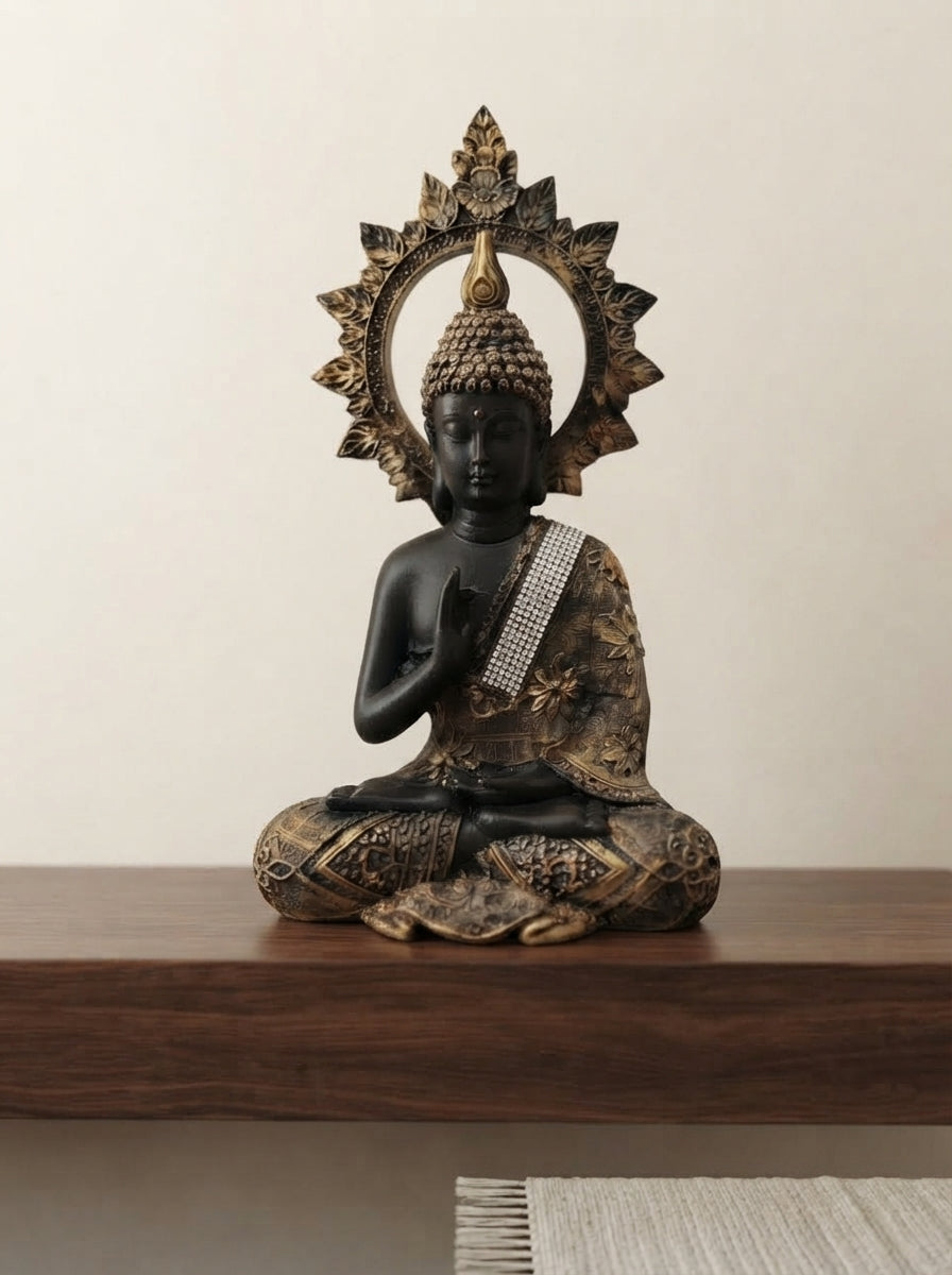 Meditating Buddha Statue with Halo 15.3"| Black Gold Zen Decor