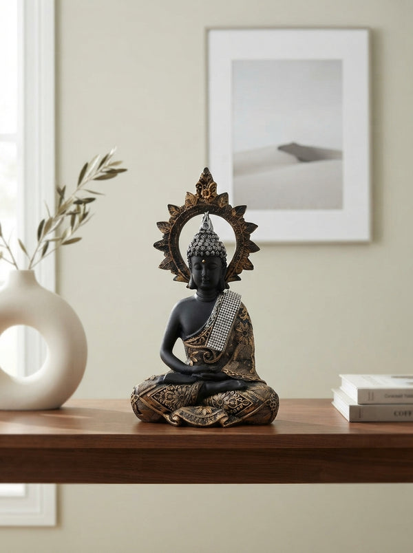 Meditating Buddha Statue Silver Crown 12.5" | Black Gold Halo Decor