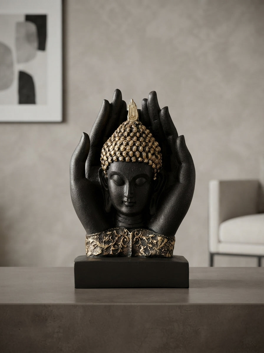 Buddha Face in Hands Statue | Black Gold Zen Sculpture