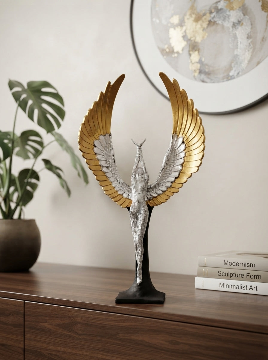 Angel Statue on Pedestal | Silver Gold Winged Sculpture