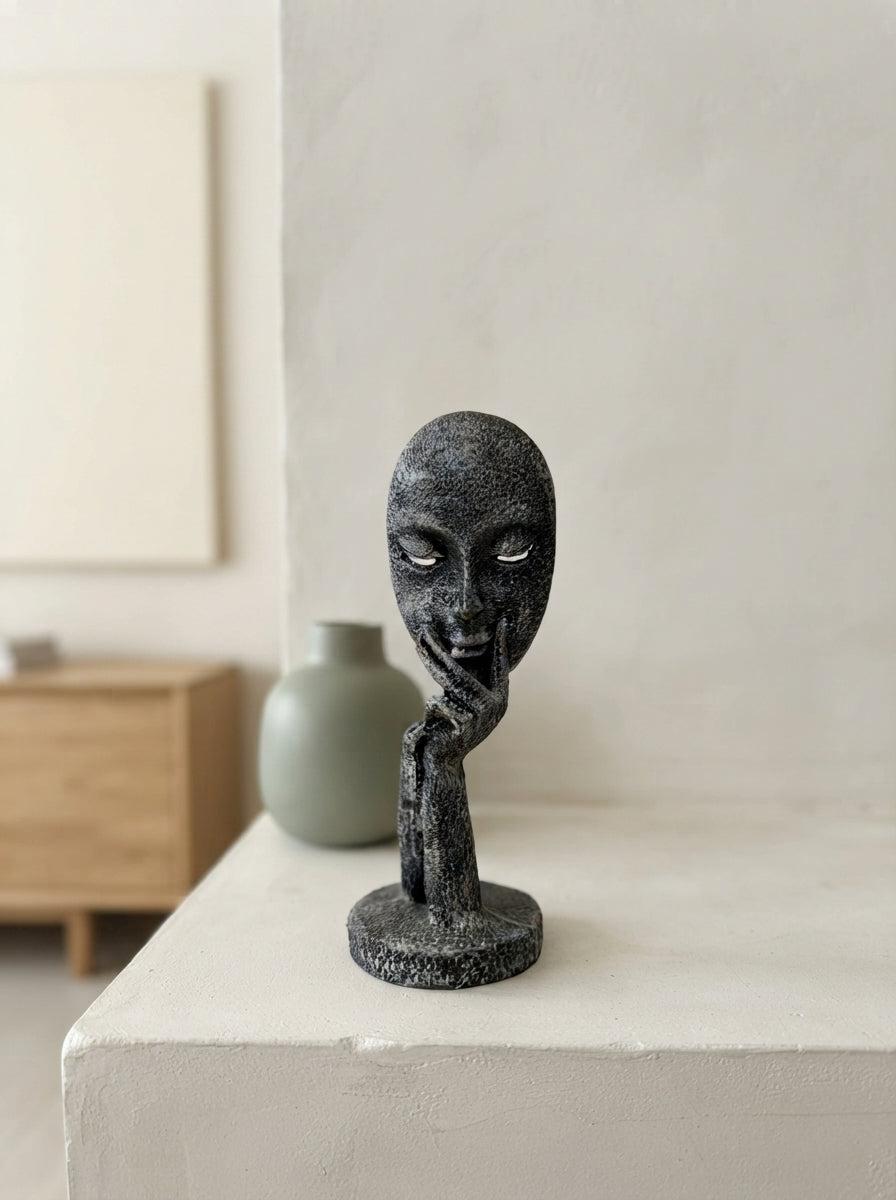 Thinking Face Statue with Hand | Black Modern Mask Decor