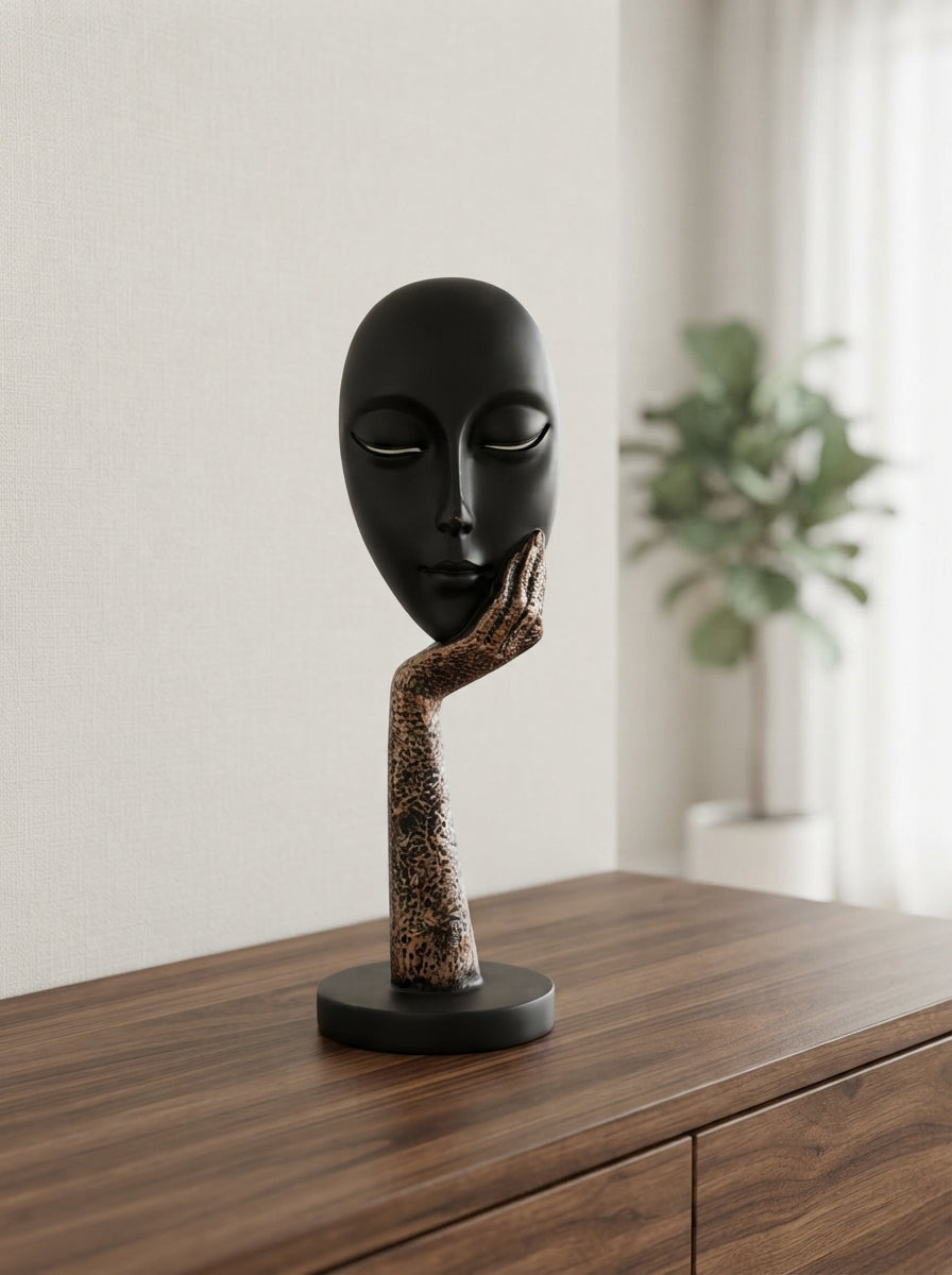 Resting Face Statue on Hand 13” | Black Modern Mask Decor