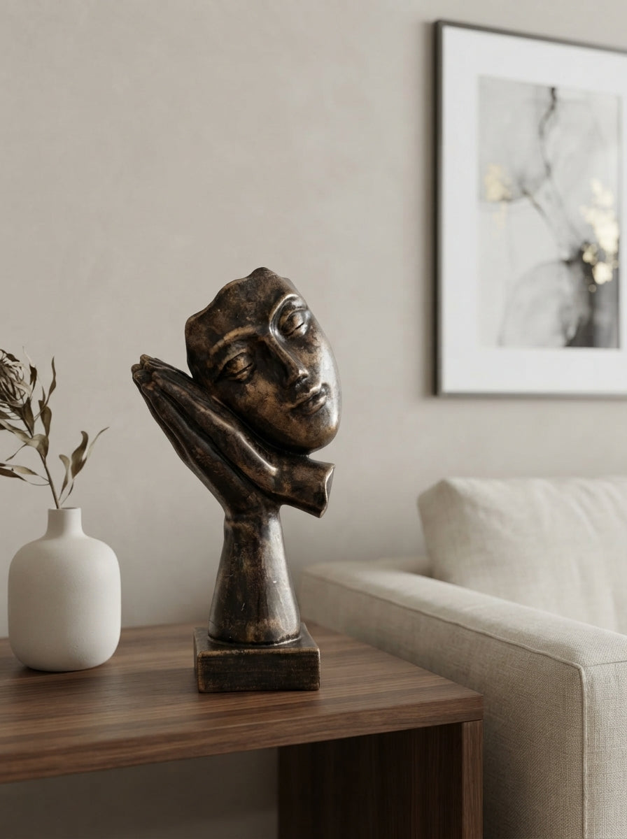 Sleeping Face Statue on Hands | Bronze Modern Mask Decor