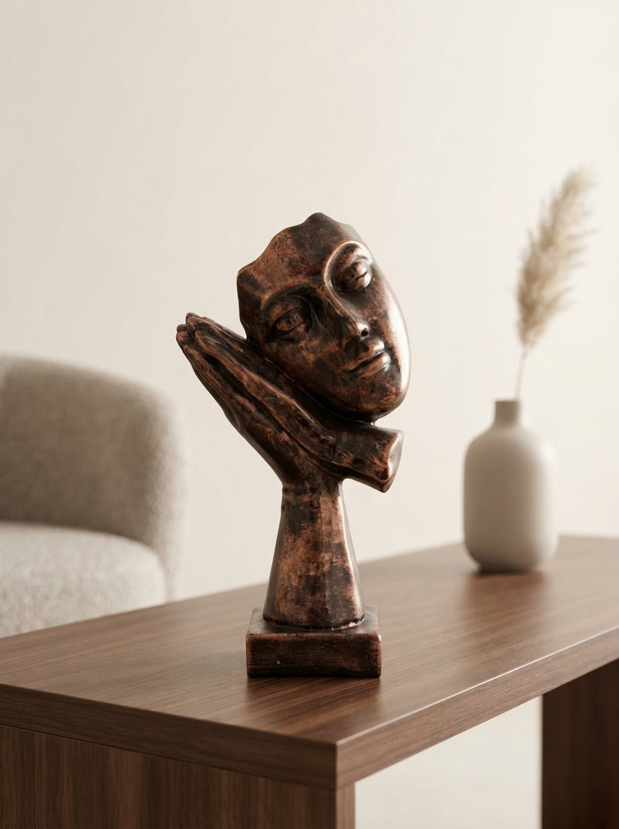 Sleeping Face Statue on Hands | Bronze Modern Mask Decor