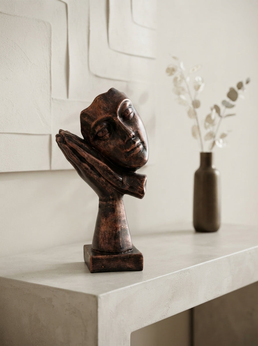 Sleeping Face Statue on Hands | Bronze Modern Mask Decor
