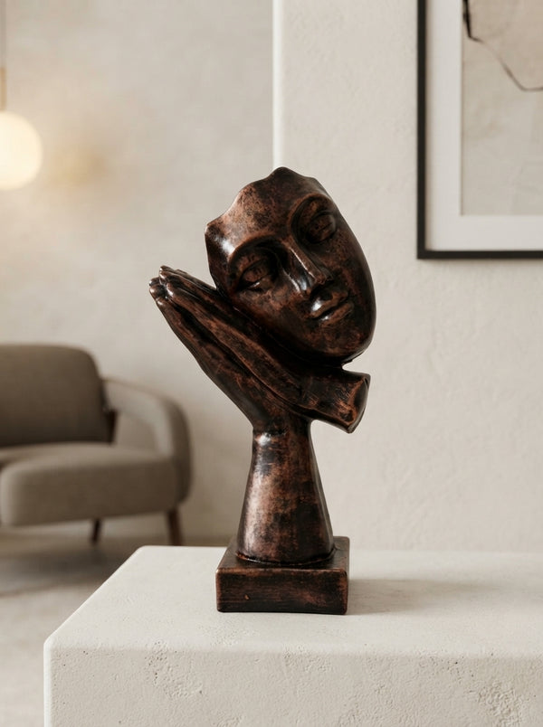 Sleeping Face Statue on Hands | Bronze Modern Mask Decor