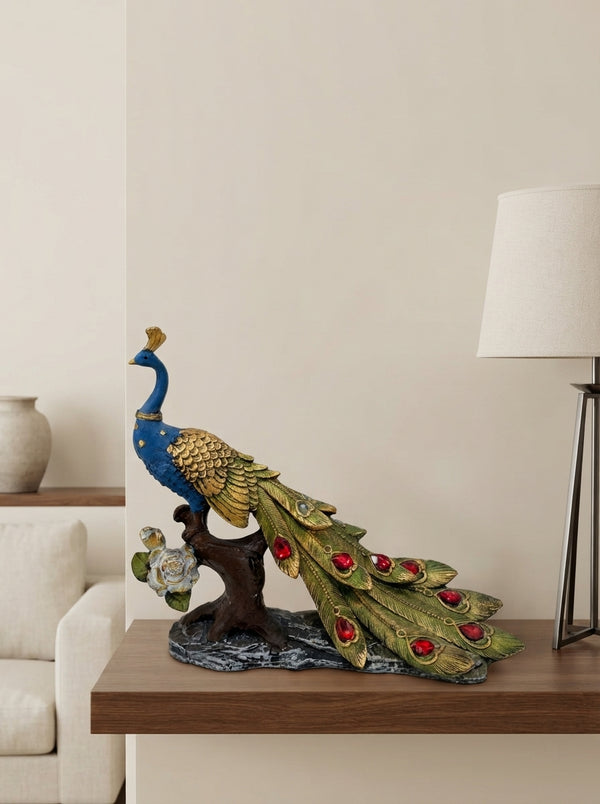 Jeweled Peacock Statue | Blue Gold Bejeweled Bird Figurine