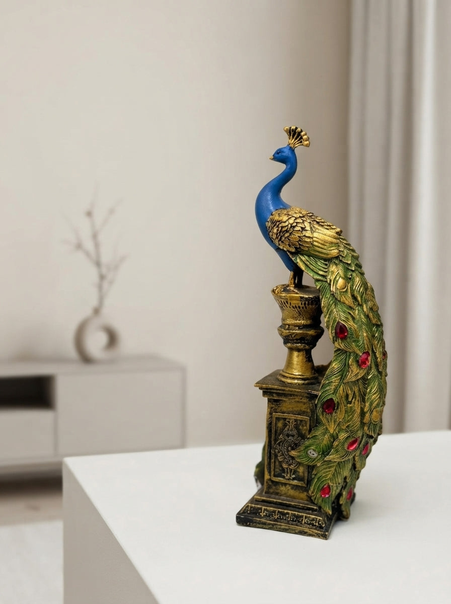 Peacock on Pillar Statue | Blue Gold Bejeweled Figurine