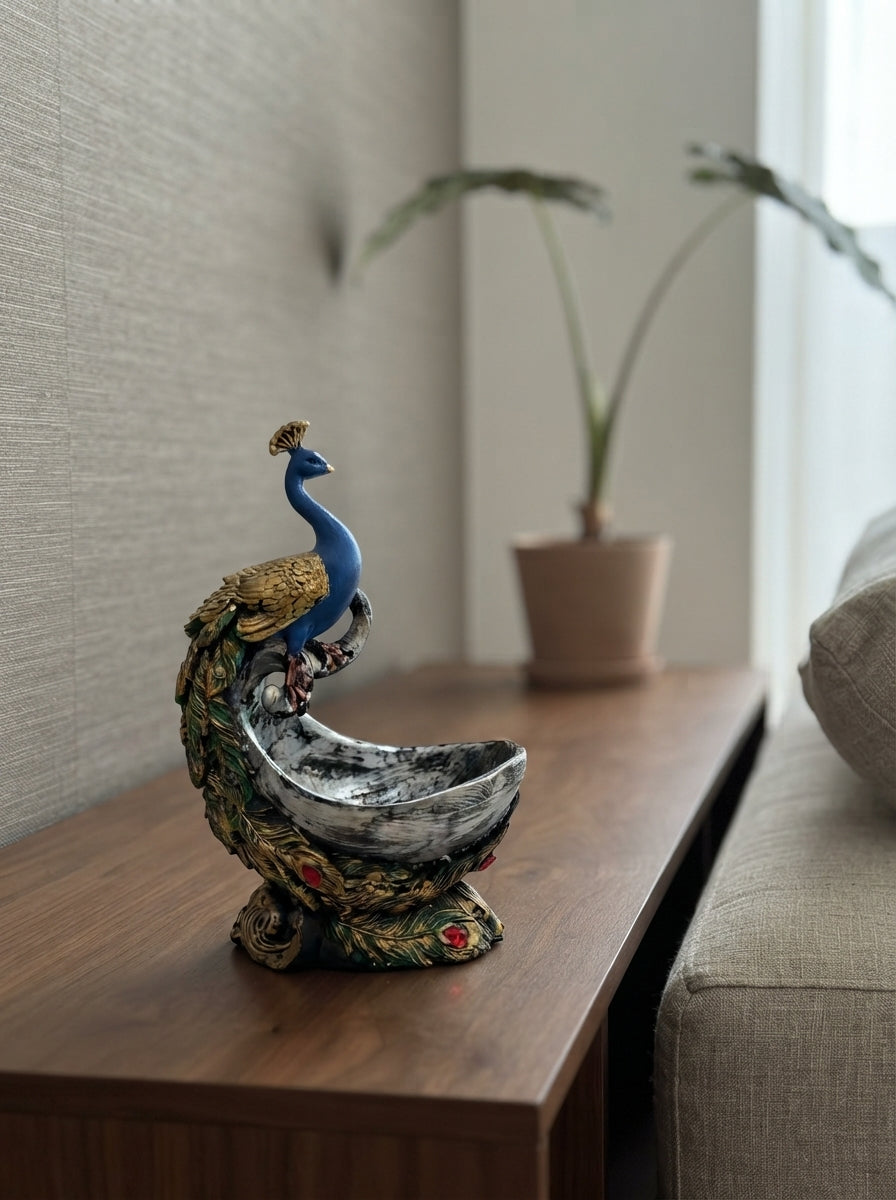 Peacock Trinket Bowl Statue | Blue Gold Decorative Dish