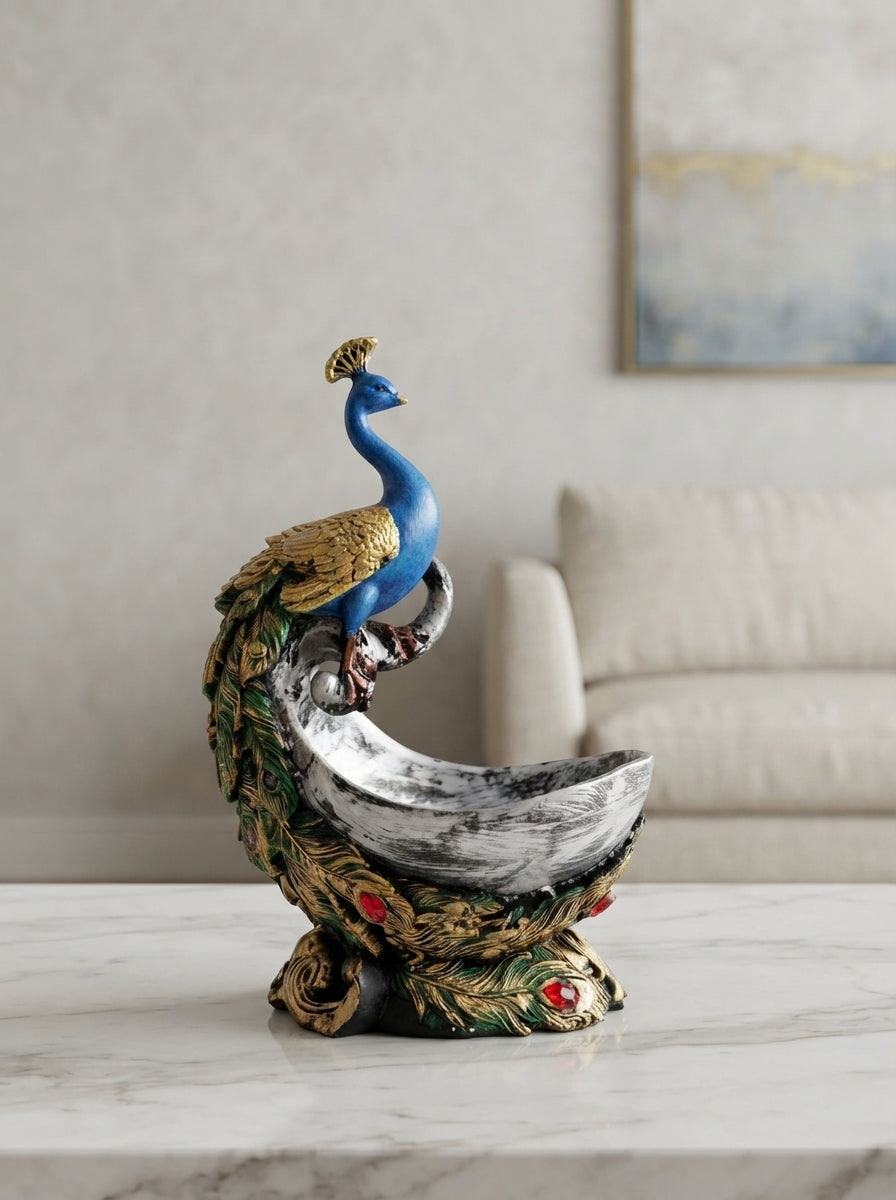 Peacock Trinket Bowl Statue | Blue Gold Decorative Dish