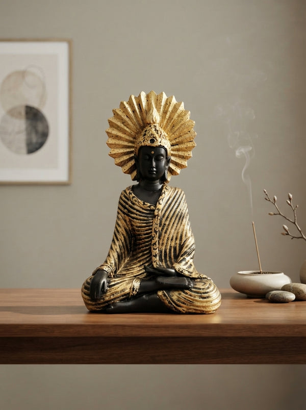 Meditating Buddha Statue Sunburst Halo | Black Gold Decor