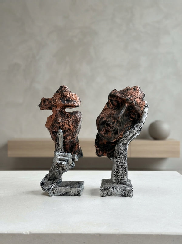 Abstract Face Sculpture Set of 2 | Copper Silver Art Statue