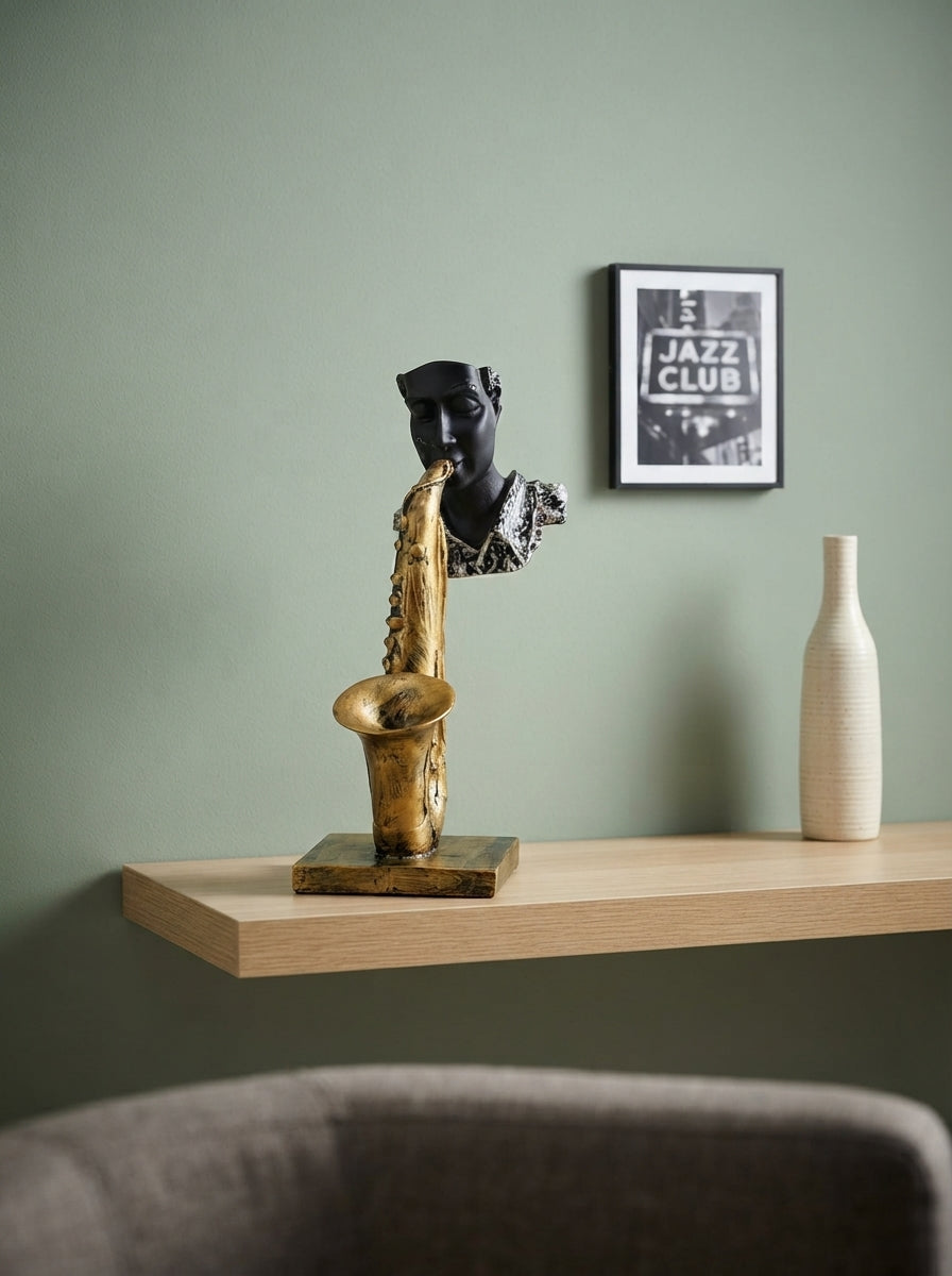 Saxophone Player Statue | Black Silver Musician Bust Decor