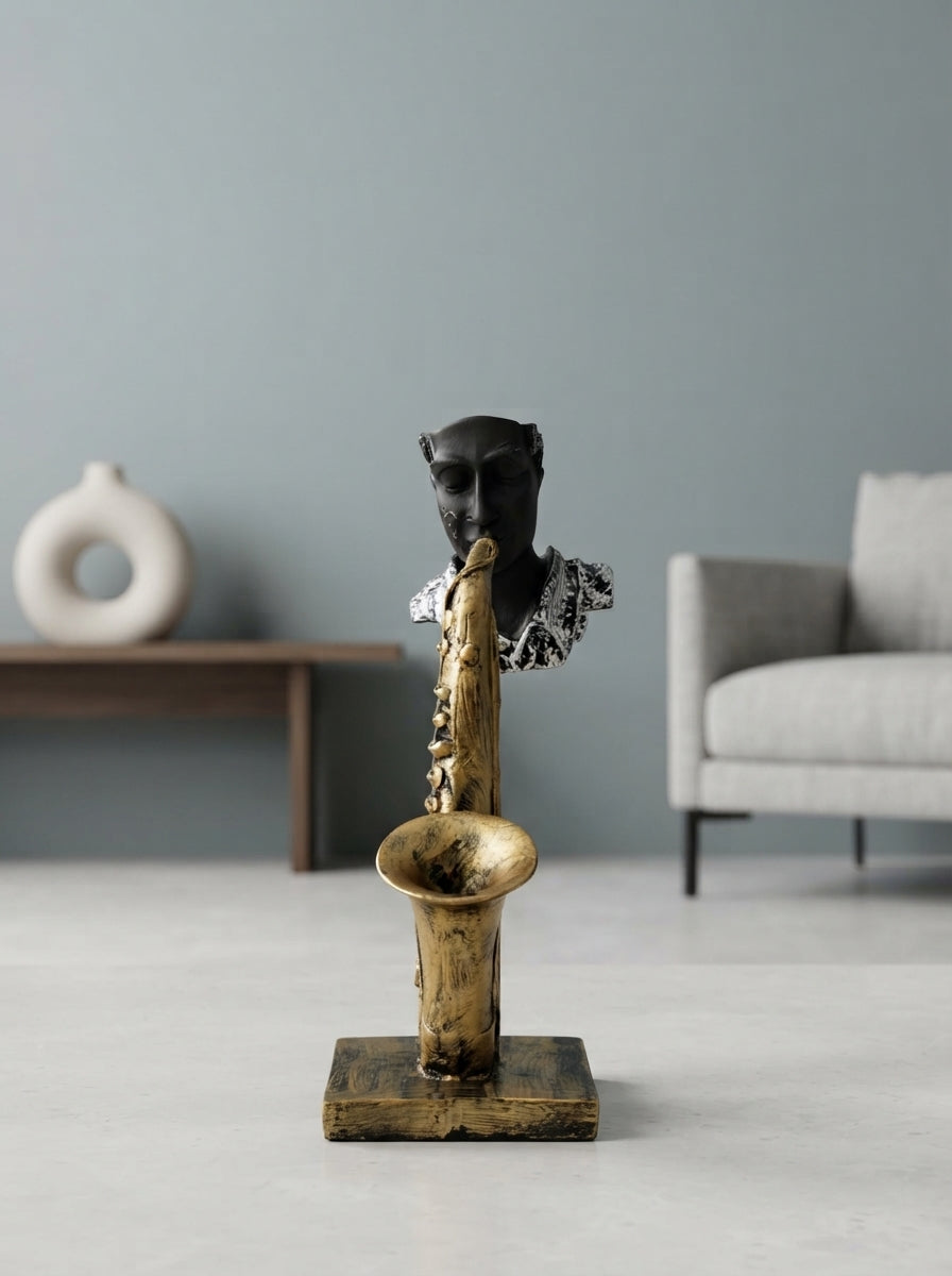 Saxophone Player Statue | Black Silver Musician Bust Decor