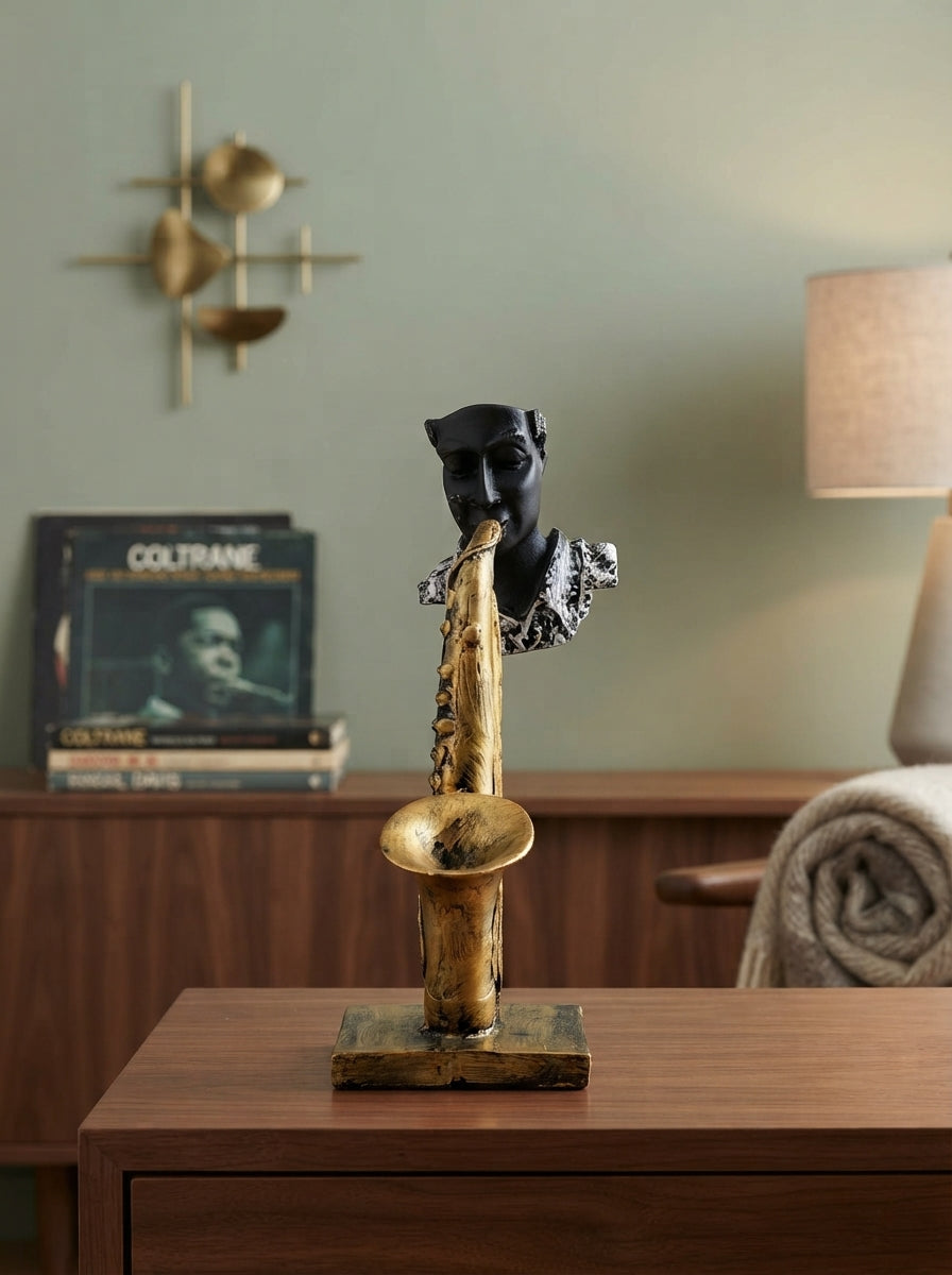 Saxophone Player Statue | Black Silver Musician Bust Decor