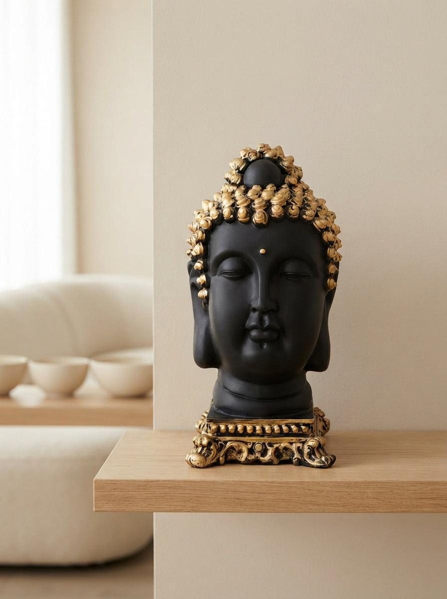 Buddha Head Bust Statue 14.5" | Black Gold Ornate Base Decor