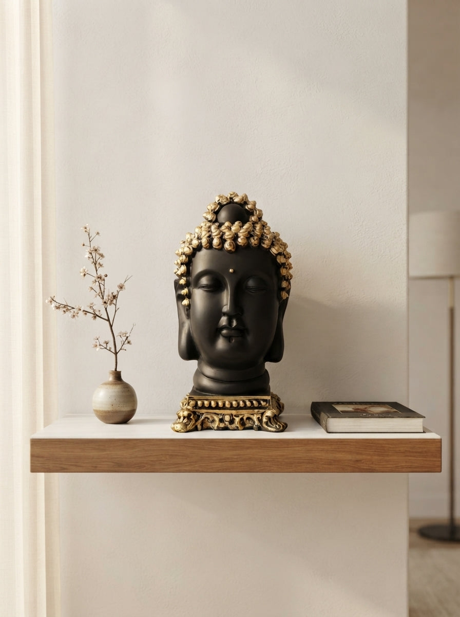 Buddha Head Bust Statue 14.5" | Black Gold Ornate Base Decor