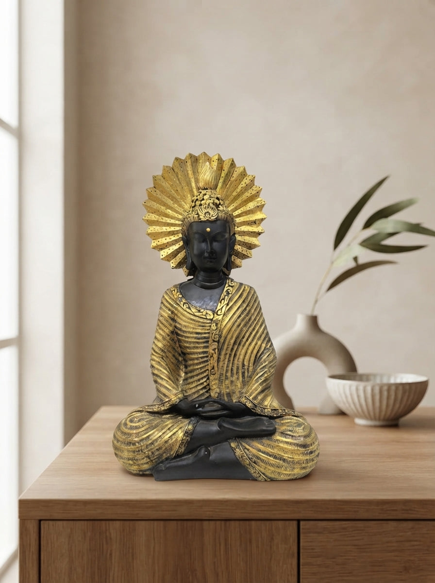 Buddha Statue Dhyana Mudra Halo | Black Gold Meditation Decor