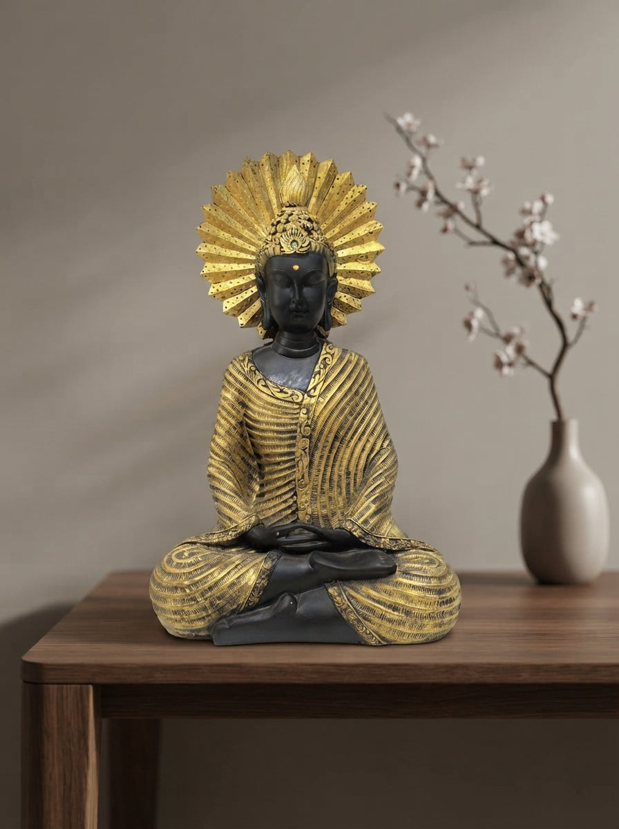 Buddha Statue Dhyana Mudra Halo | Black Gold Meditation Decor
