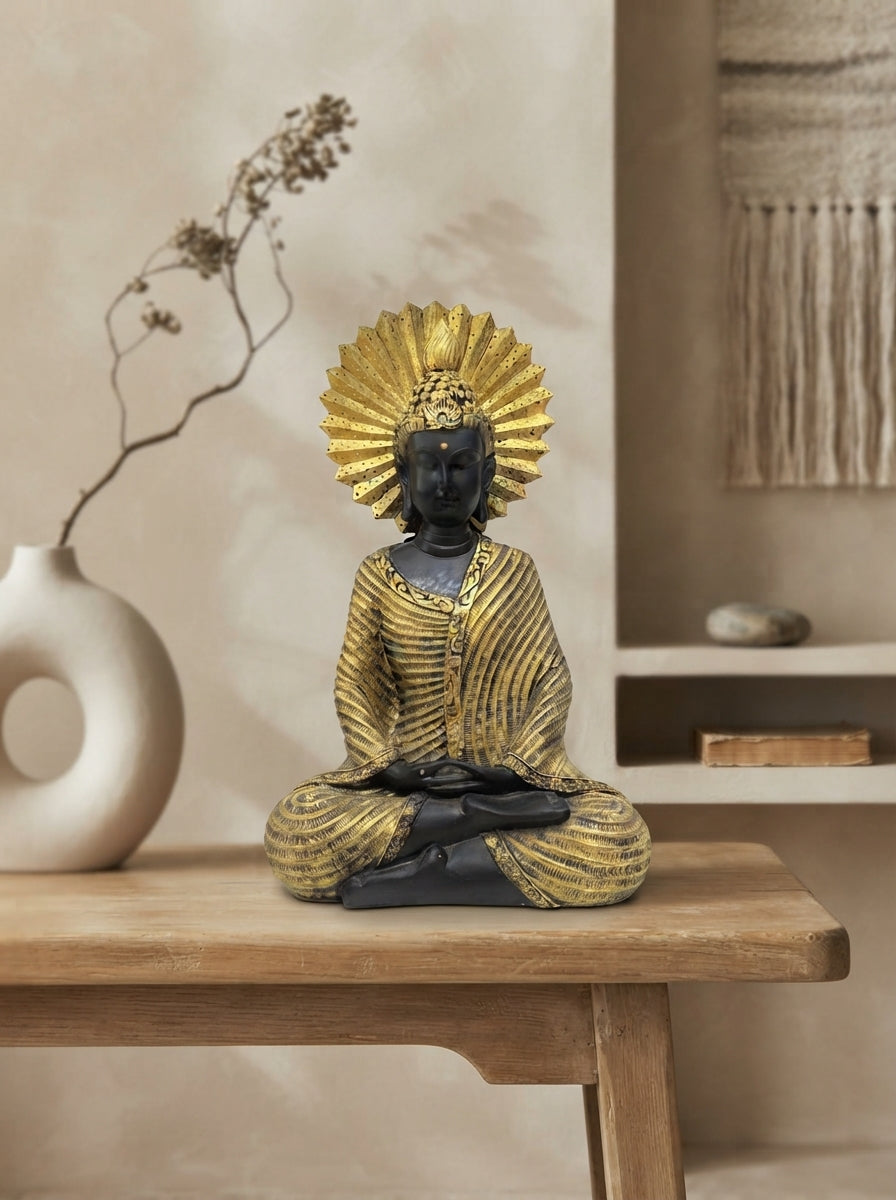 Buddha Statue Dhyana Mudra Halo | Black Gold Meditation Decor