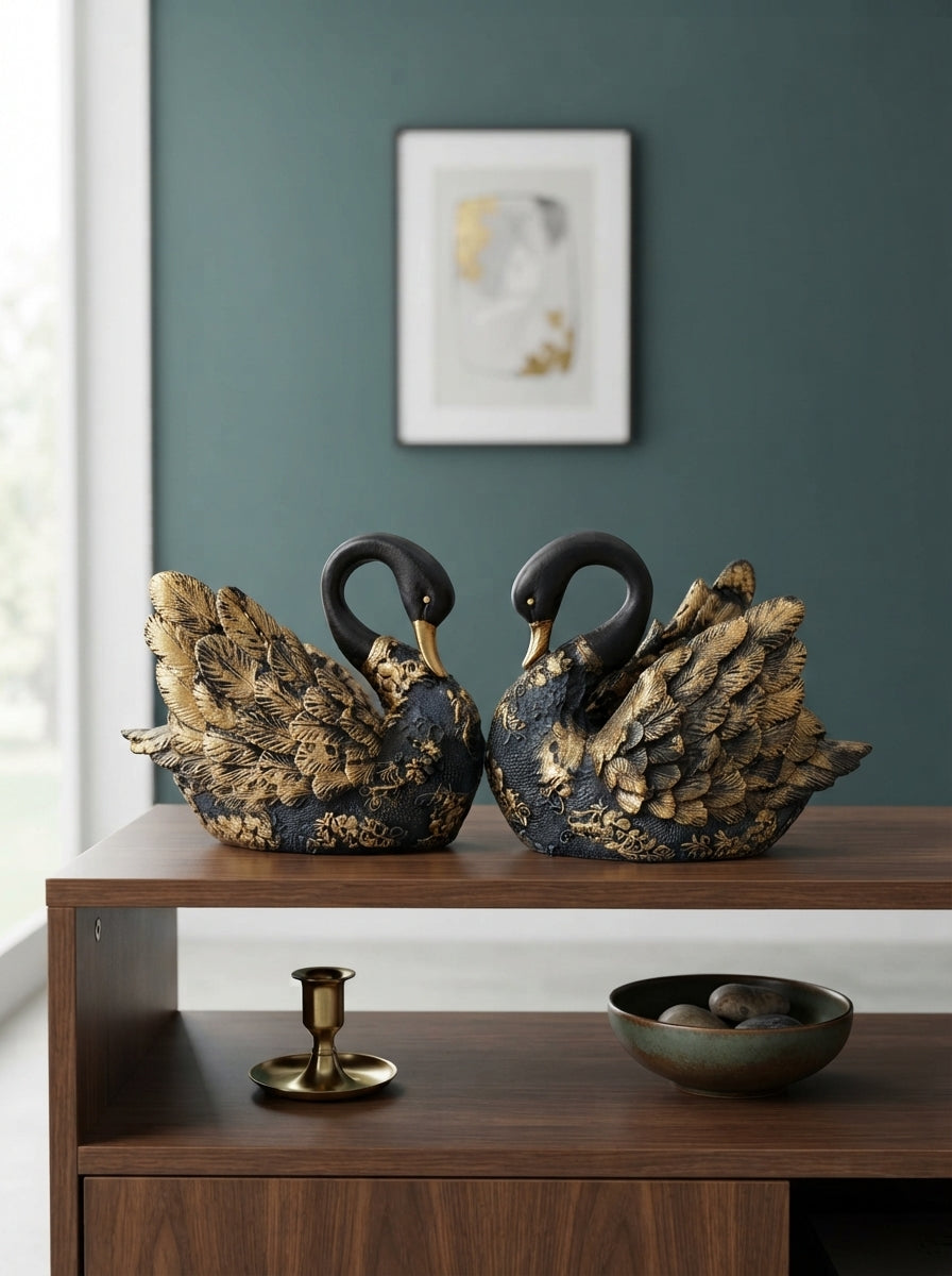 Black Gold Swan Statue Set of 2 | Ornate Damask Figurine