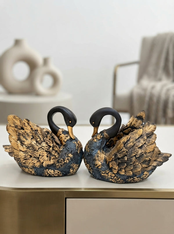 Black Gold Swan Statue Set of 2 | Ornate Damask Figurine