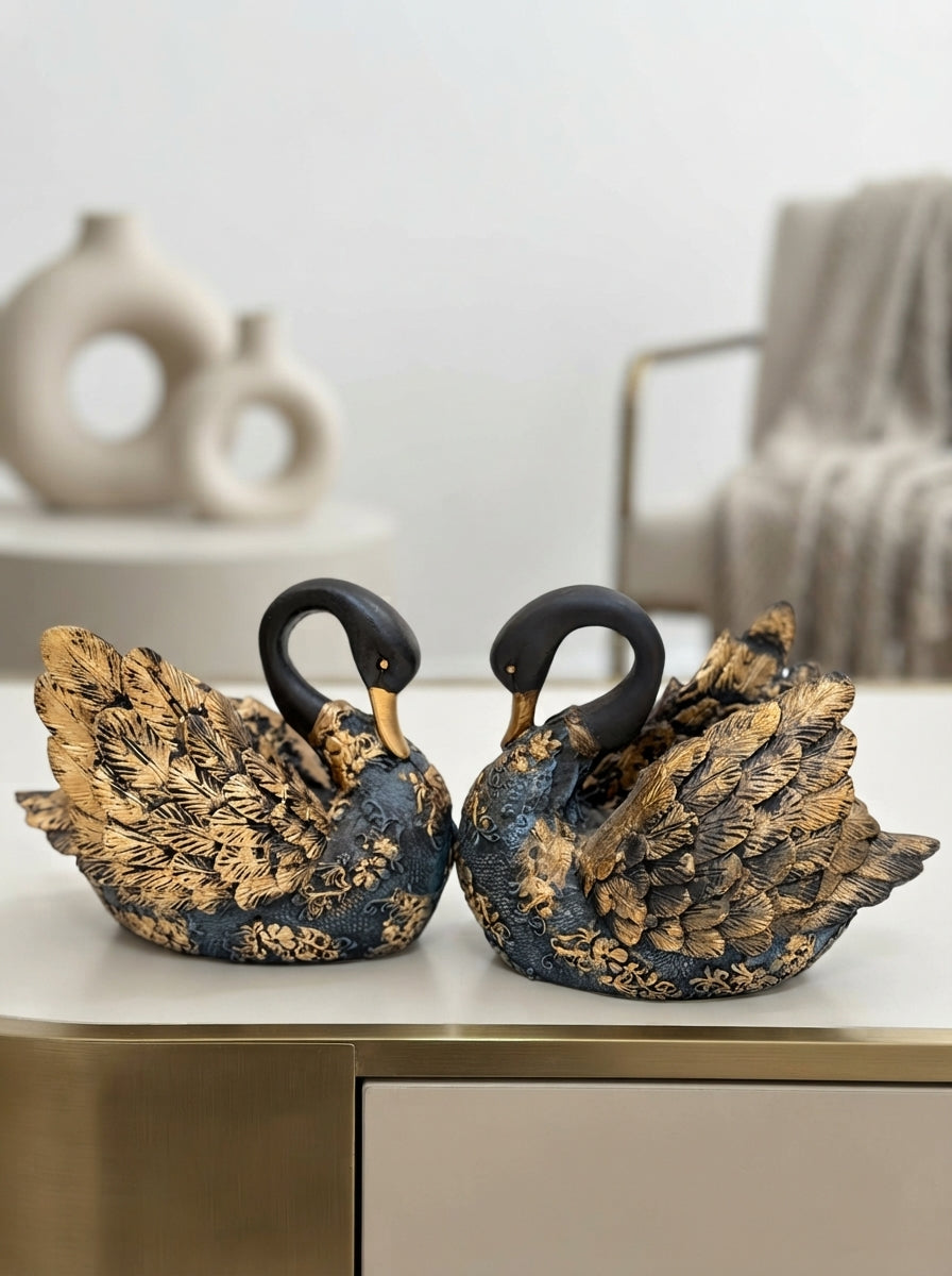 Black Gold Swan Statue Set of 2 | Ornate Damask Figurine