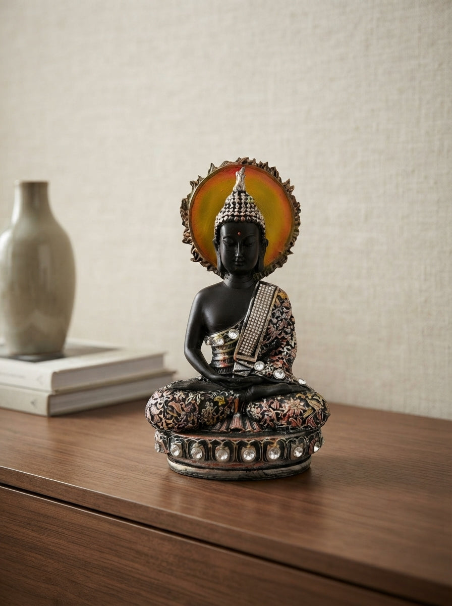 Buddha Statue Amber Halo | Black Silver Crystal Decor