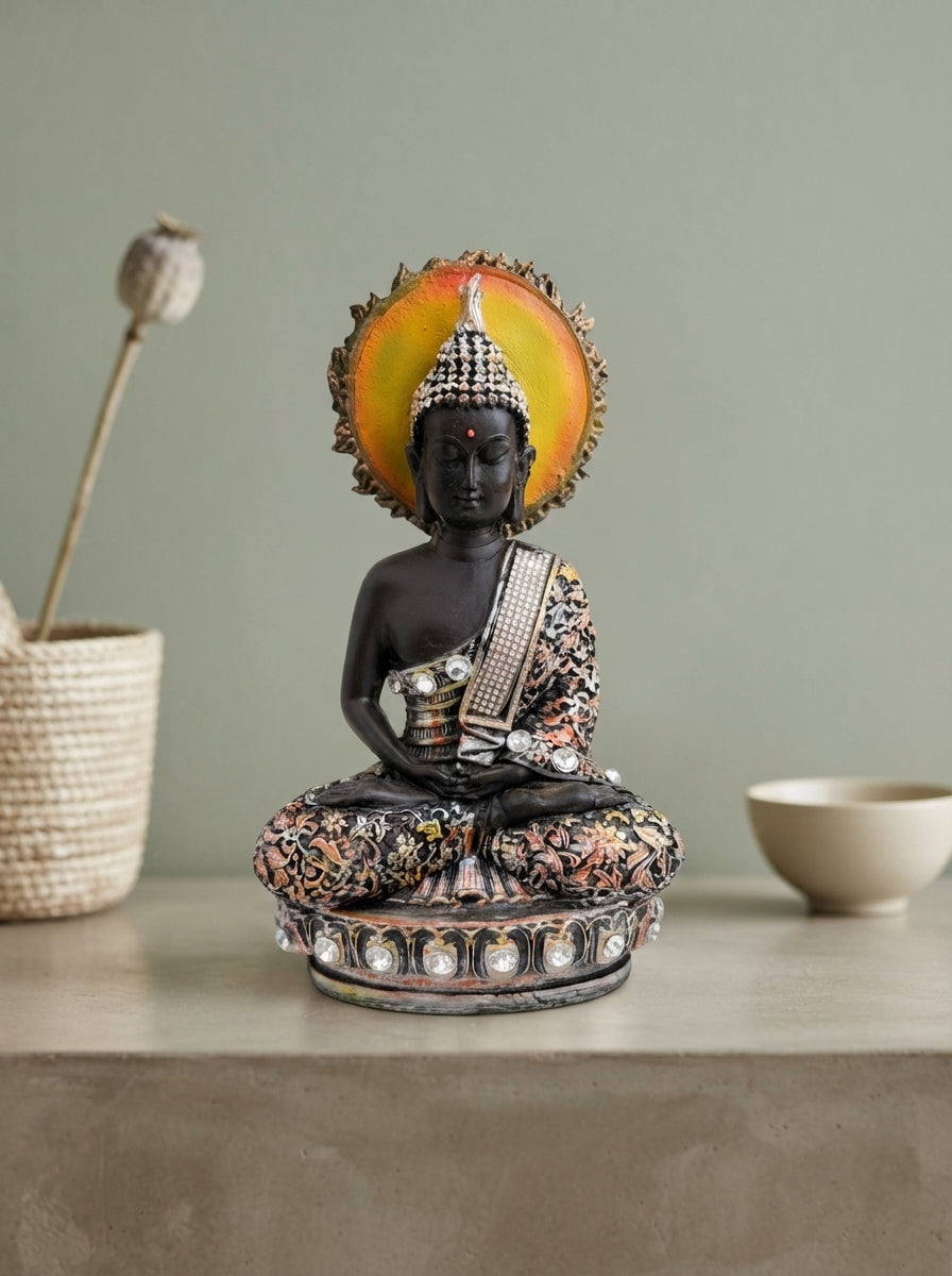 Buddha Statue Amber Halo | Black Silver Crystal Decor