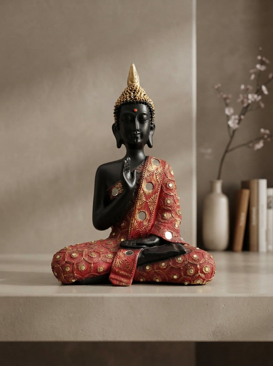 Thai Buddha Statue Red Robe | Black Gold Mirror Accent Decor