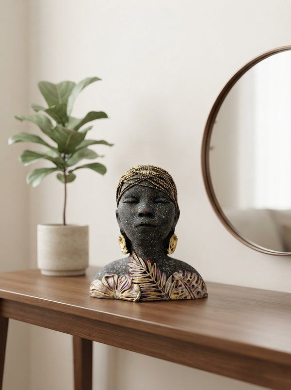African Woman Bust Statue | Black Gold Speckled Figurine