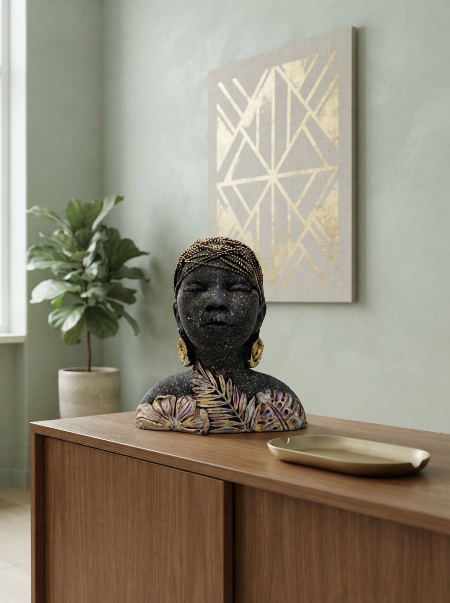 African Woman Bust Statue | Black Gold Speckled Figurine