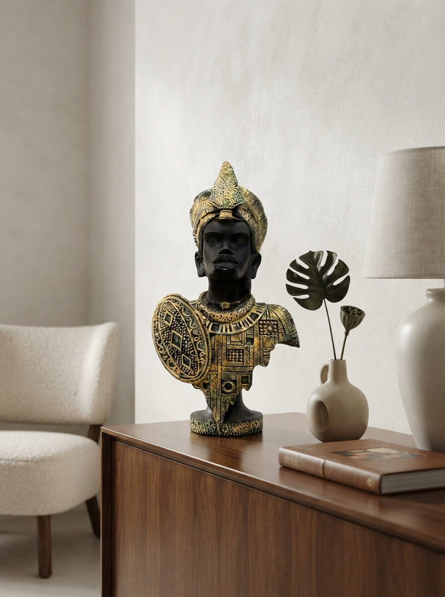 African King Bust Statue | Black Gold Warrior Figurine