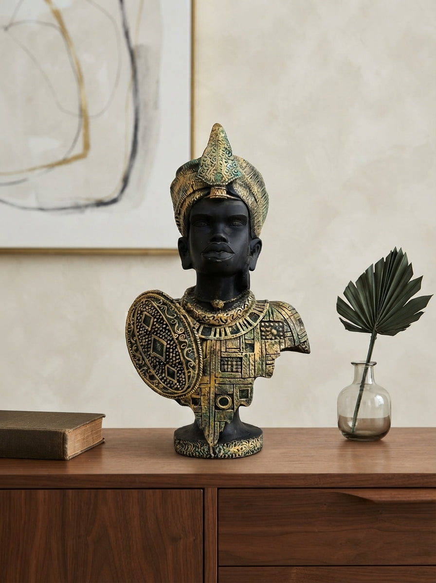 African King Bust Statue | Black Gold Warrior Figurine