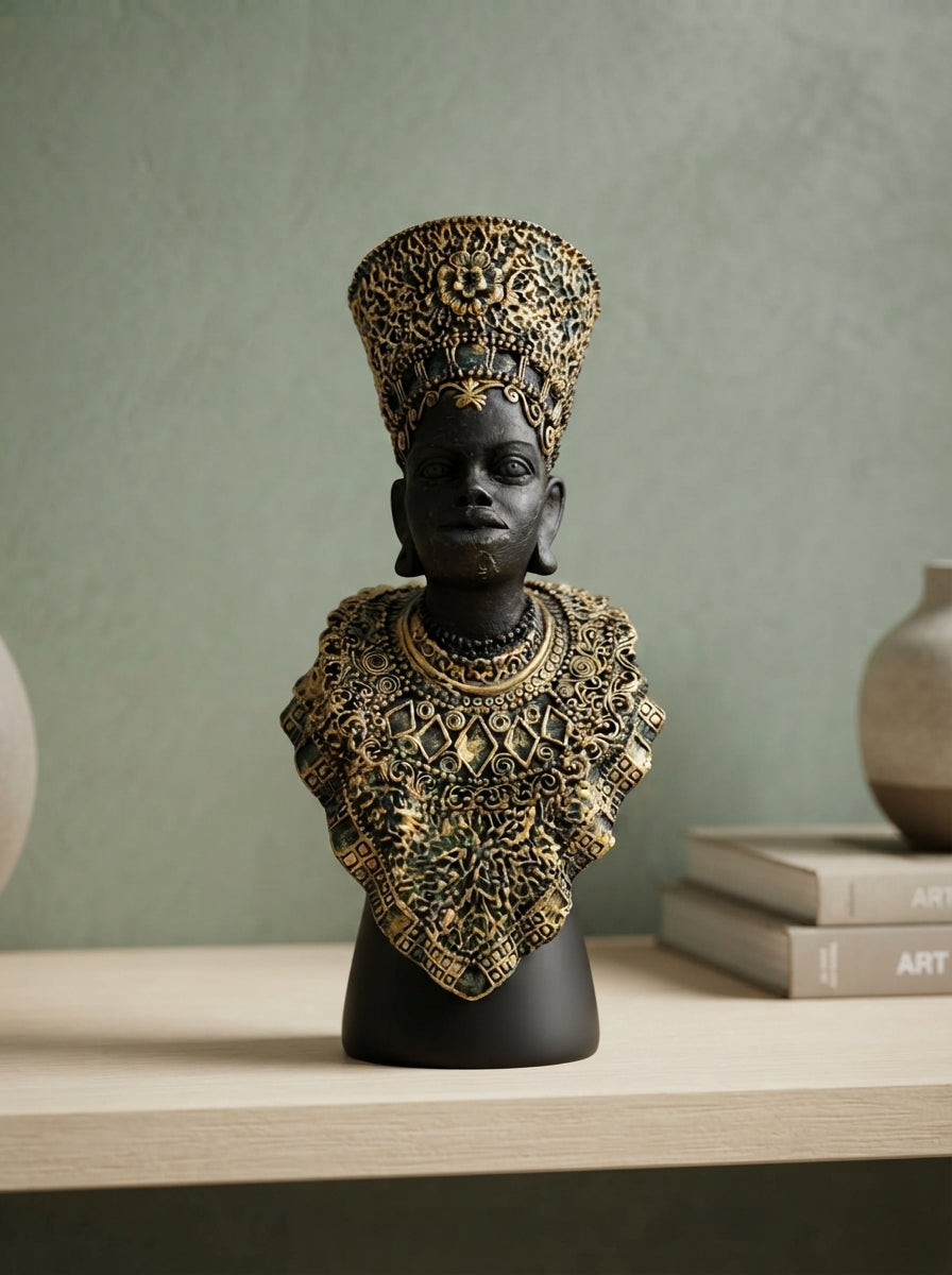 African Queen Bust Statue | Black Gold Tall Crown Figurine