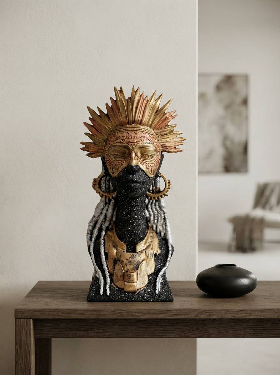 Tribal Warrior Mask Statue | Gold Copper Feather Headdress