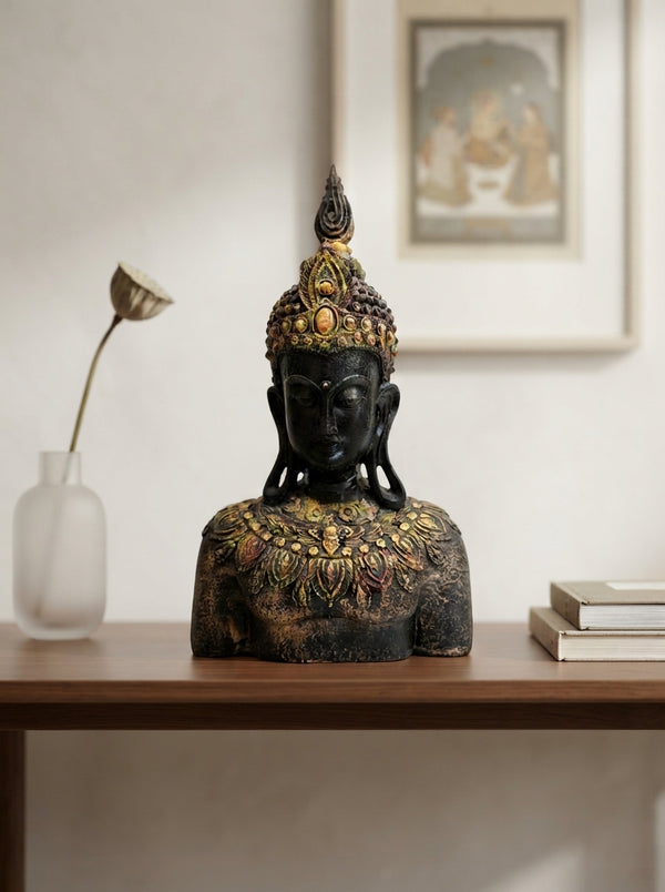 Crowned Buddha Bust Statue | Black Gold Jeweled Headdress