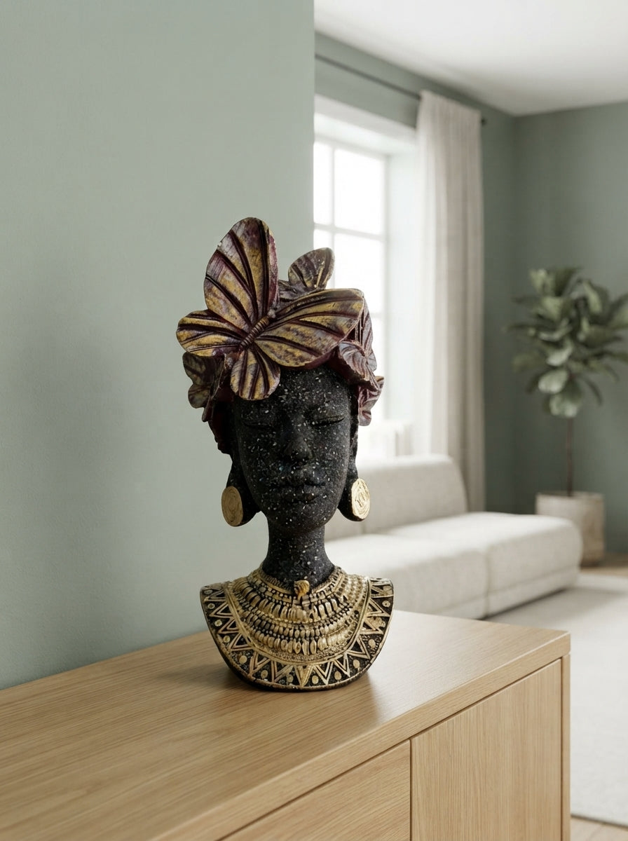 African Woman Bust Statue | Butterfly Headdress Figurine