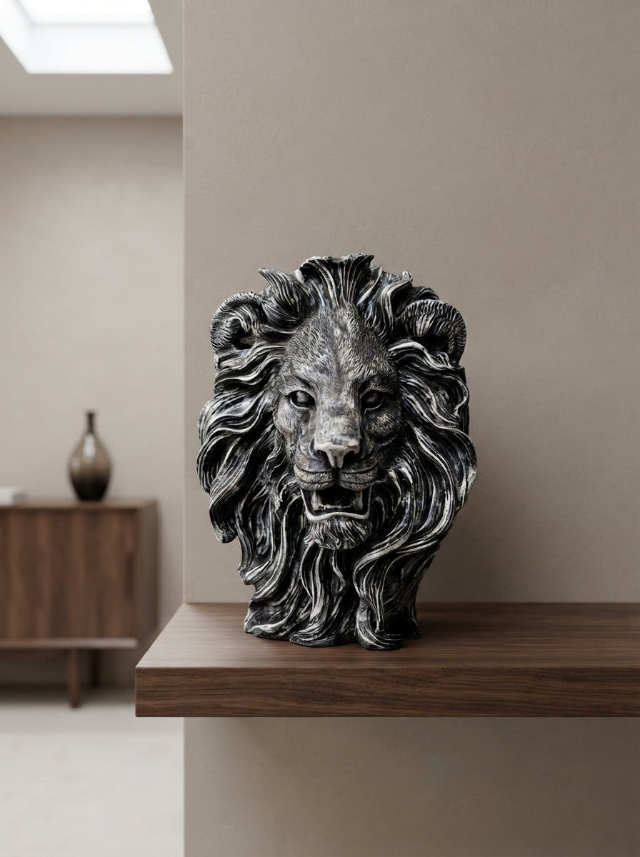 Silver Lion Head Statue with Horns | Mythical Beast Decor