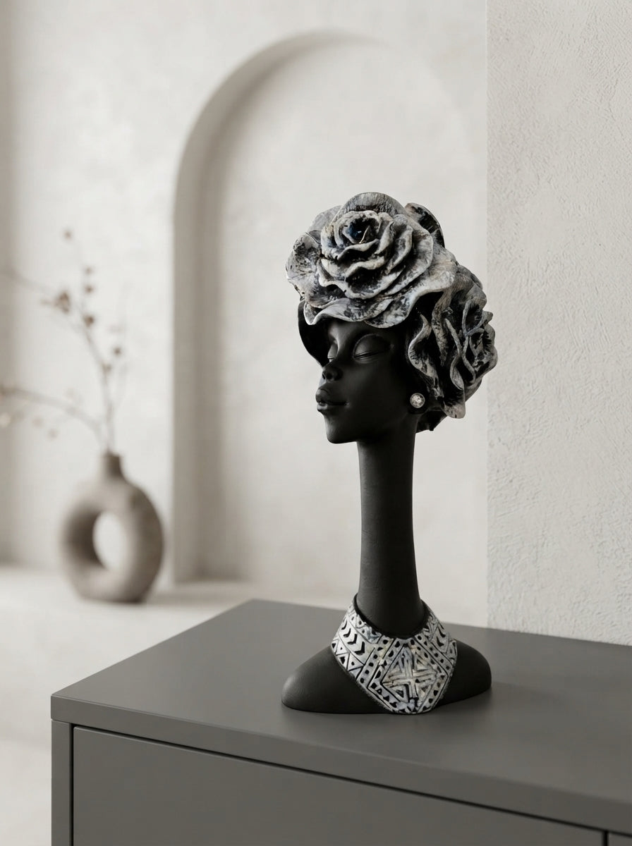 African Woman Bust Statue | Black Silver Rose Headdress