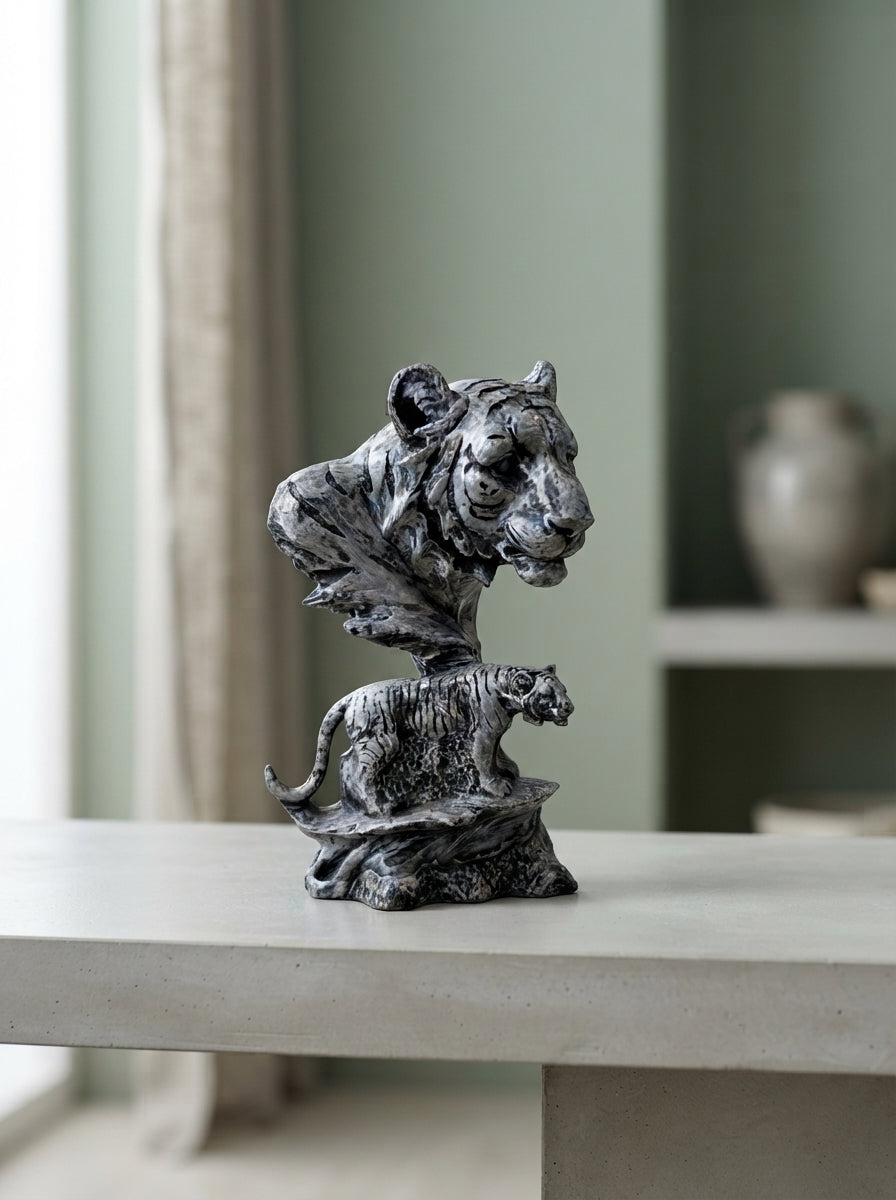 Tiger Spirit Statue | Silver Black Dual Tiger Sculpture