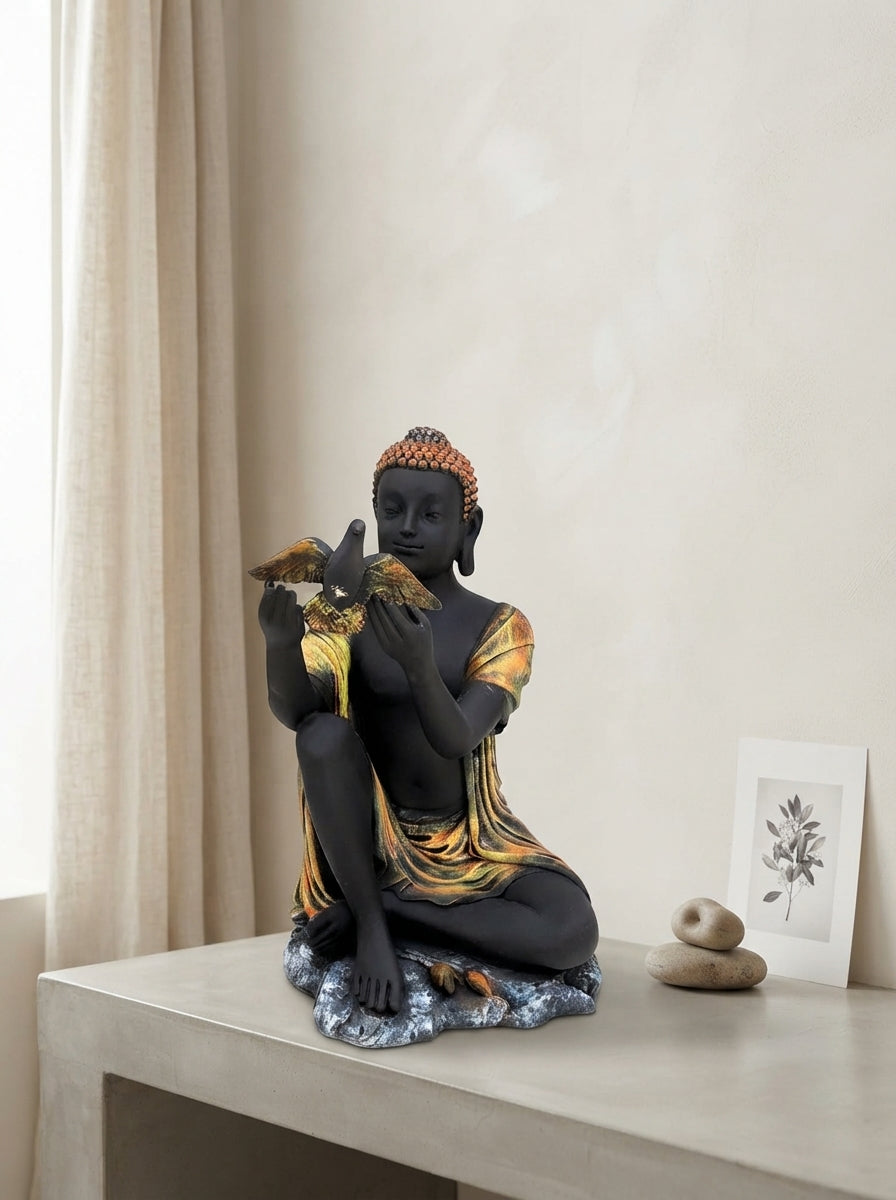 Copper, Black Gold Seated Figure with Bird Statue | Zen Decor Sculpture