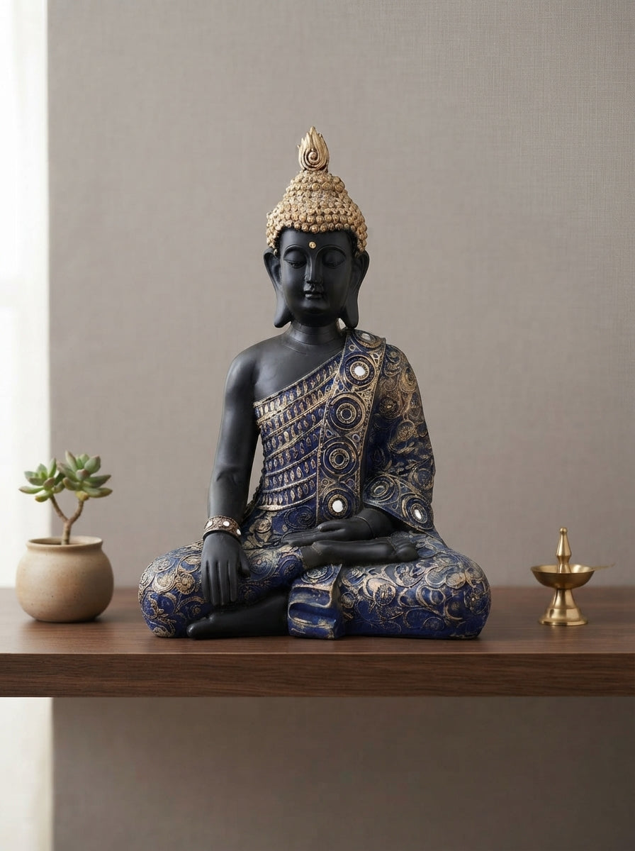 Black Blue Jeweled Buddha Statue | Meditation Decor