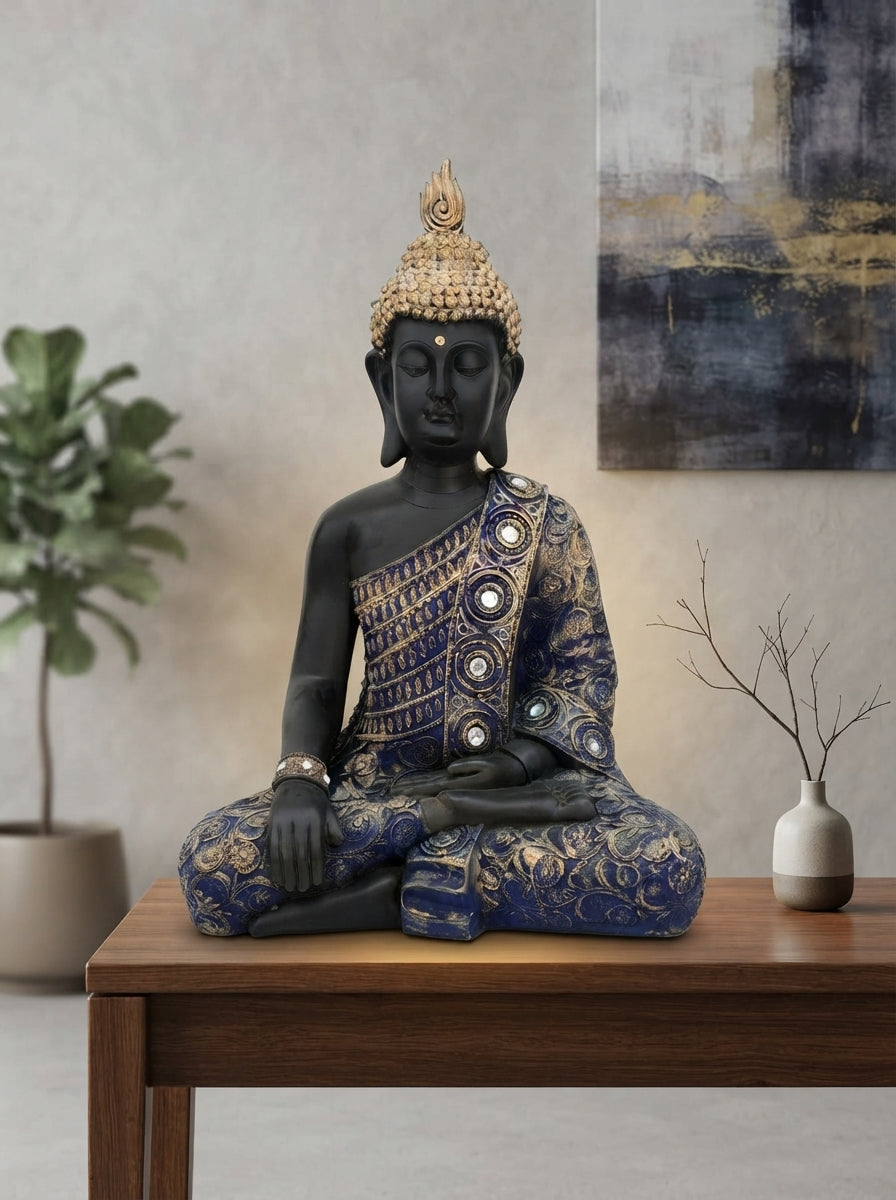 Black Blue Jeweled Buddha Statue | Meditation Decor