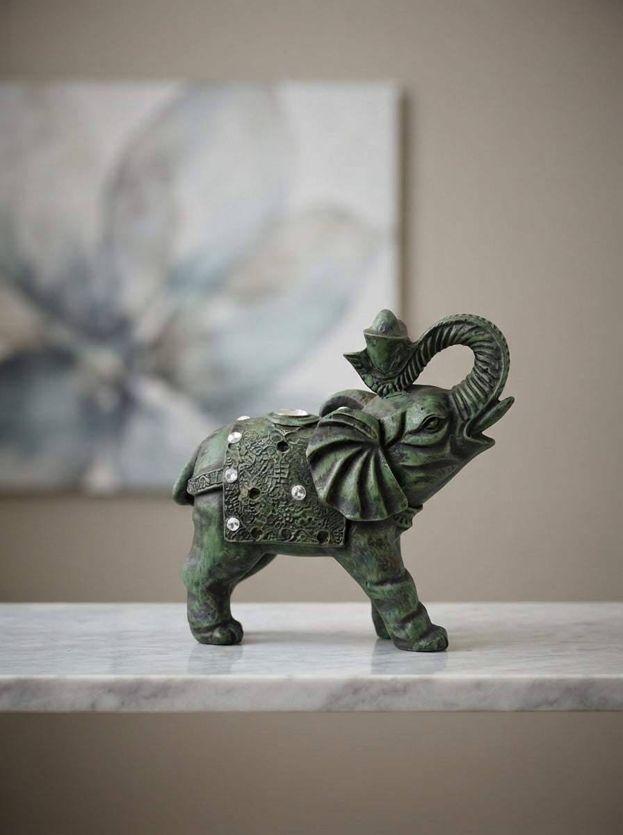 Verdigris Green Jeweled Elephant Statue | Decor