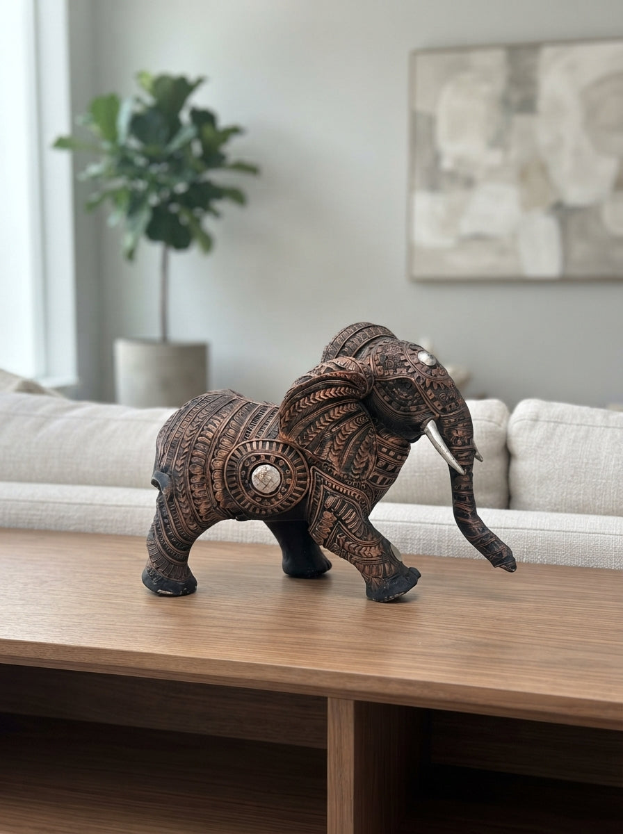 Engraved Copper Elephant Statue 11"x9"x6" | Tribal Decor